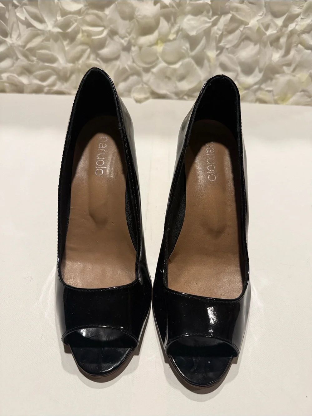Black Patent Peep-Toe Heels by